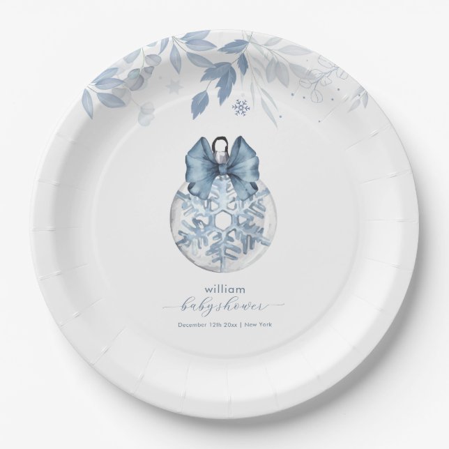 Blue Winter Bow Snowflake Ornament Baby Shower  Pappteller (Vorderseite)