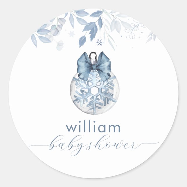 Blue Winter Bow Snowflake Ornament Baby Shower  Runder Aufkleber (Vorderseite)
