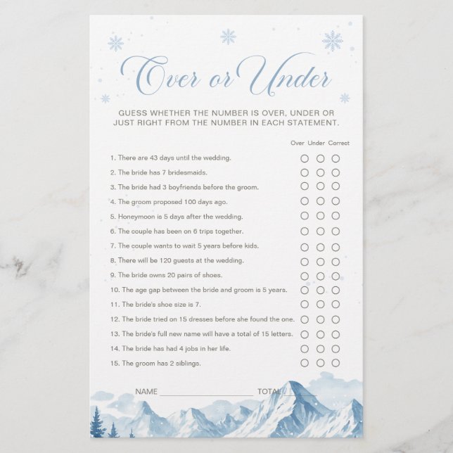 Blue Winter Bridal Shower Over or Under Game (Vorderseite)