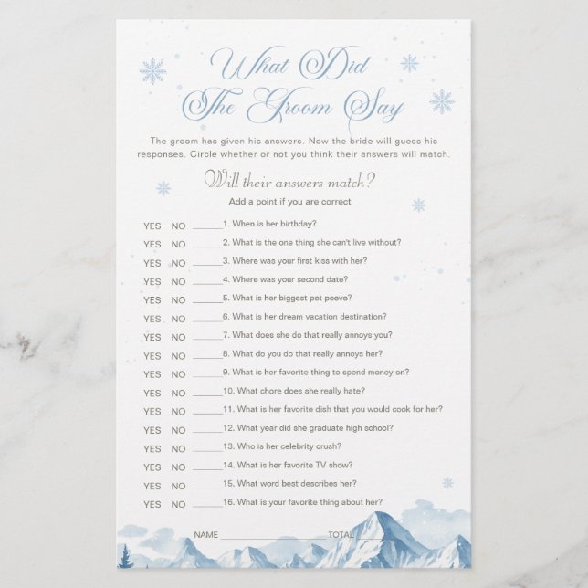 Blue Winter Bridal Shower What Did the Groom Say  (Vorderseite)