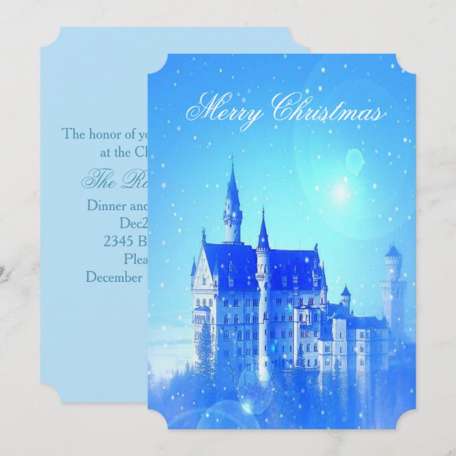 Blue Winter Castle Snowflakes Weihnachtsfest Party Einladung (Vorne/Hinten)