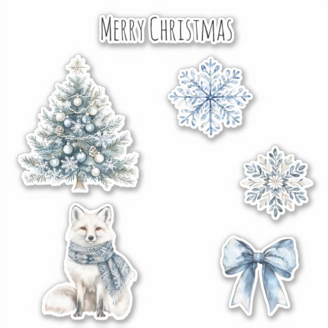 Blue Winter Christmas Tree Fox Snowflakes Bow Aufkleber (Vorderseite)