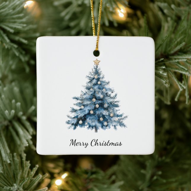 Blue Winter Christmas Tree Gold Star Keramikornament (Baum)