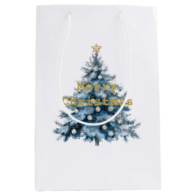 Blue Winter Christmas Tree Gold Star Mittlere Geschenktüte (Vorderseite)