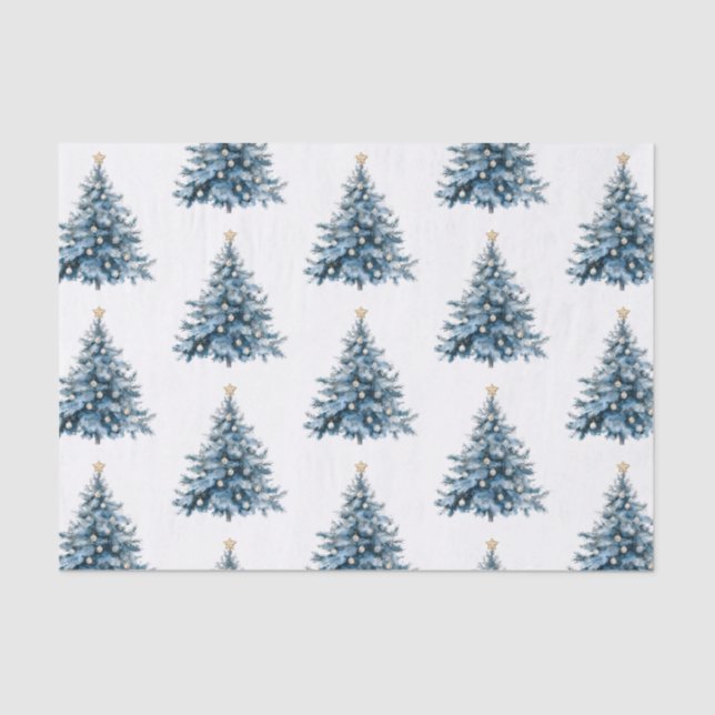 Blue Winter Christmas Tree Gold Star Seidenpapier (Vorderseite)