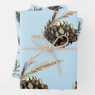 Blue Winter Christmas Tree Pine Branch Cones Geschenkpapier Set