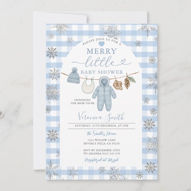 Blue Winter Clothesline Merry Little Baby Dusche Einladung (Vorderseite)