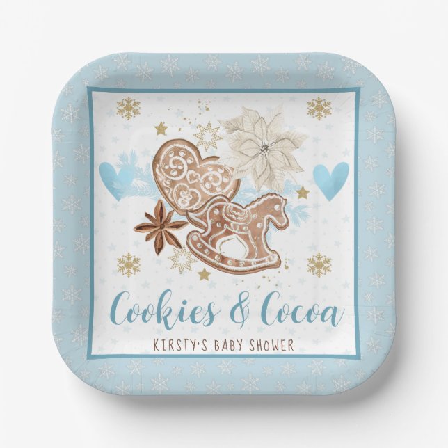 Blue Winter Cookies & Cocoa Baby Shower Pappteller (Vorderseite)