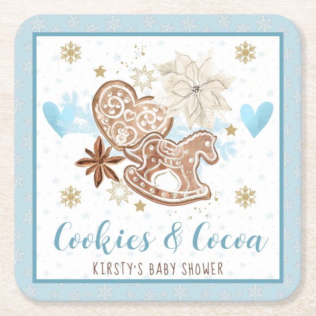 Blue Winter Cookies & Cocoa Baby Shower Rechteckiger Pappuntersetzer (Vorderseite)