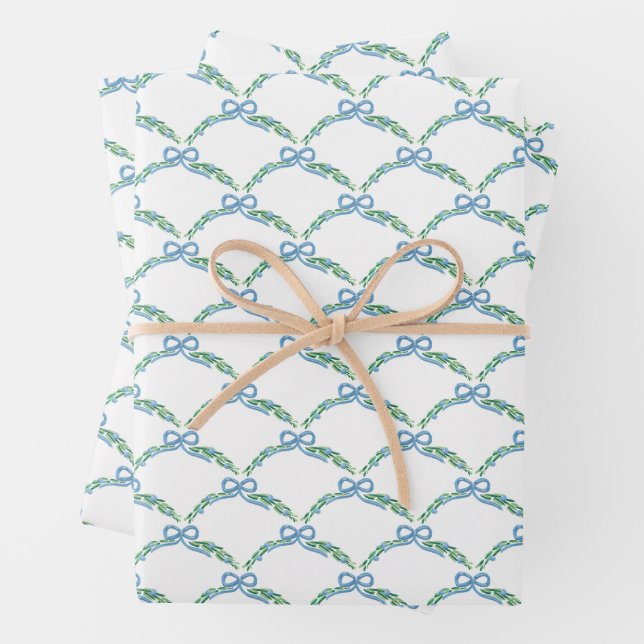 Blue Winter Coquette Coastal Bow Garland Geschenkpapier Set (Beispiel)