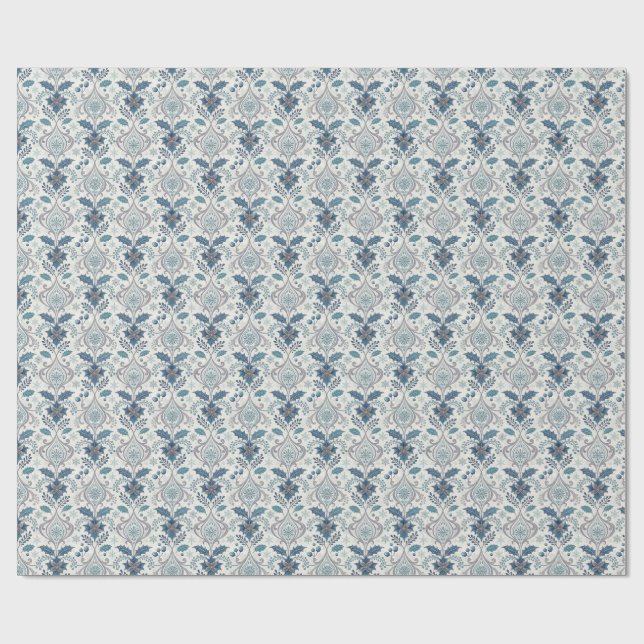 Blue Winter Damask Wrapping Paper Geschenkpapier (Flach)