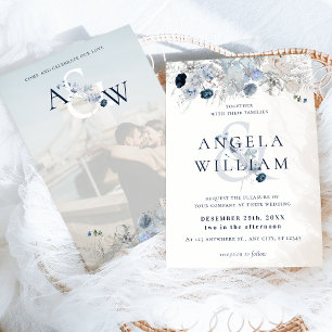 Blue Winter Floral Elegante Hochzeit Einladung