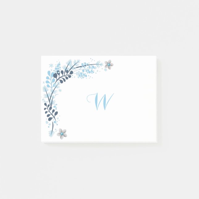 Blue Winter Floral Monogram Post-it Klebezettel (Vorderseite)