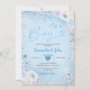 Blue Winter Floral Snowflake Boy Baby Dusche Einladung