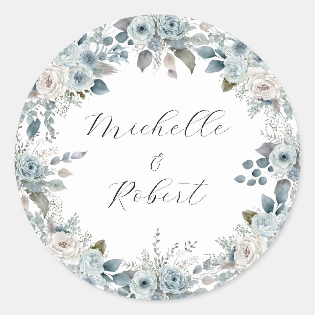Blue Winter Floral Wedding Runder Aufkleber (Vorderseite)