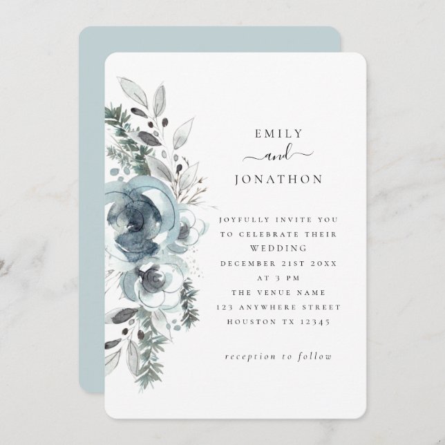 Blue Winter Florals Wedding Einladung (Vorne/Hinten)