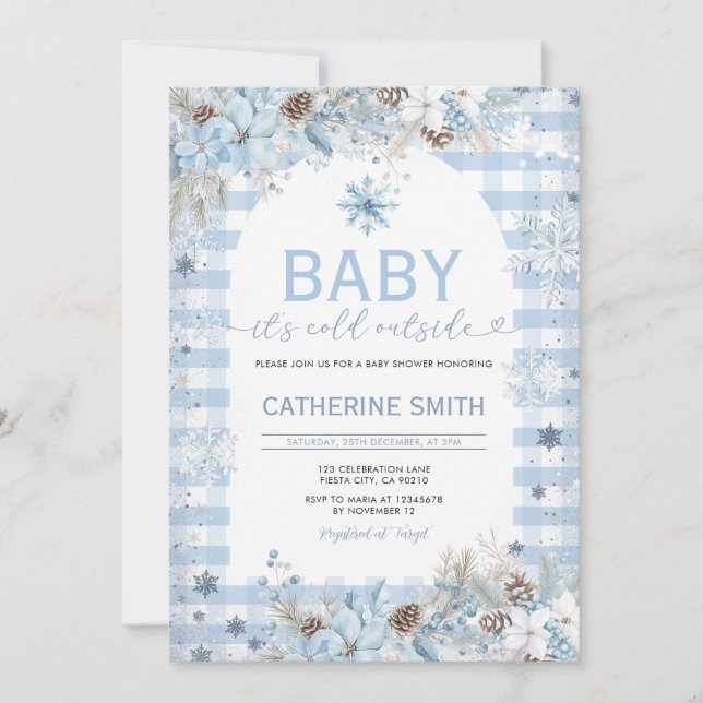 Blue Winter Flowers  Baby Shower Snowflakes Einladung (Vorderseite)