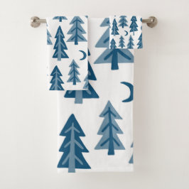 Blue Winter Forest Moon Stars Trees Badhandtuch Set