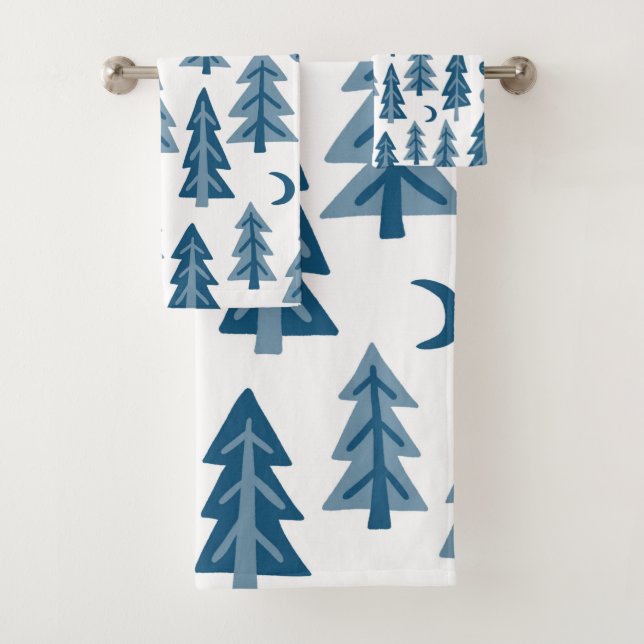 Blue Winter Forest Moon Stars Trees Badhandtuch Set (Insitu)