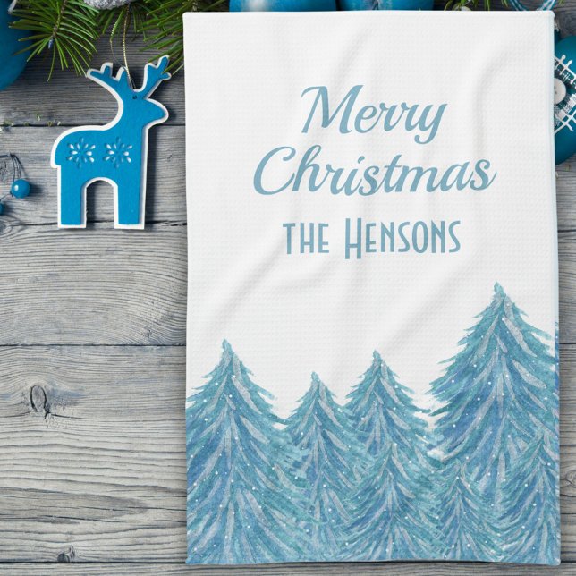 Blue Winter Forest Tree Aquarell Weihnachtskite Geschirrtuch (Von Creator hochgeladen)
