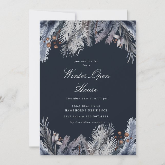 Blue Winter Greenery Winter Open House Einladung (Vorderseite)