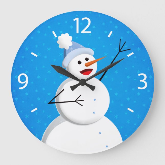 Blue Winter Happy Snowman Große Wanduhr (Vorderseite)