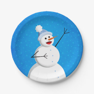 Blue Winter Happy Snowman Pappteller