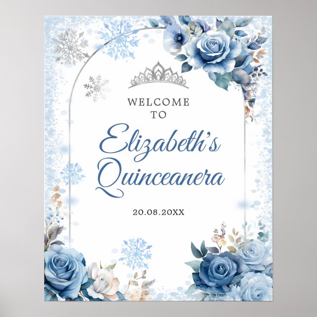 Blue Winter Magic Snowflake Quinceanera Willkommen Poster (Vorne)
