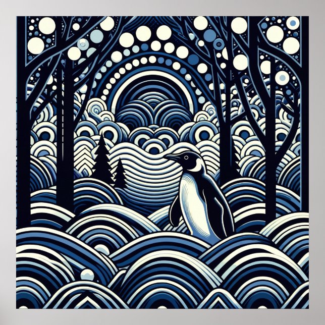 Blue Winter Midnight King Pinguin Abstrakt Forest Poster (Vorne)