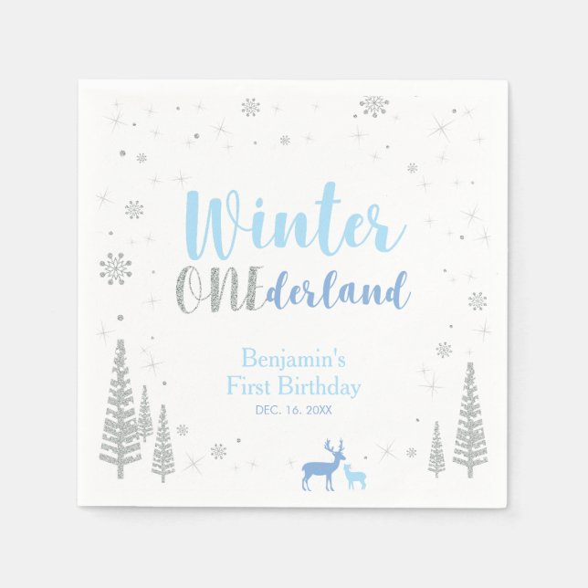 Blue Winter Onederland Boy 1. Geburtstag Party Serviette (Vorderseite)