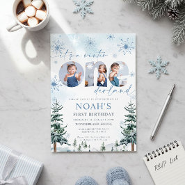 Blue Winter Onederland Boy Bday Photo Invitation Einladung