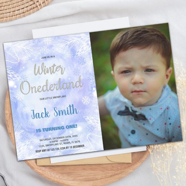 Blue Winter ONEderland Einladungen Silver Foto (Blue Winter ONEderland Invitations Silver Photo)