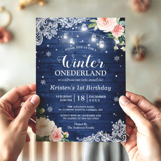 Blue Winter Onederland Floral Baby First Geburtsta Einladung