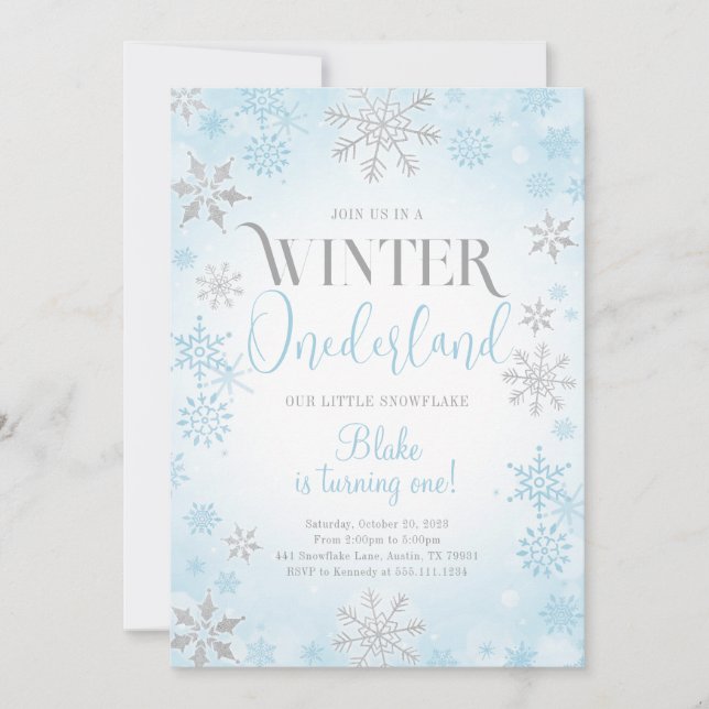 Blue Winter Onederland Geburtstagsparty Einladung (Vorderseite)