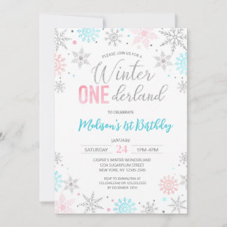Blue Winter Onederland Snowflakes erste Geburtstag Einladung