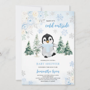 Blue Winter Penguin Baby Dusche Einladung