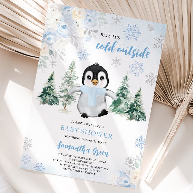 Blue Winter Penguin Baby Dusche Einladung (Von Creator hochgeladen)