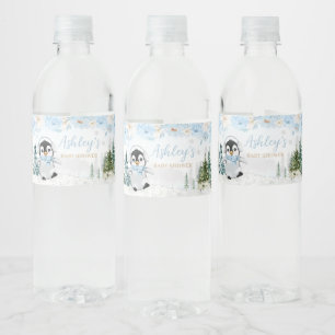 Blue Winter Penguin Baby Dusche Wasserflaschenetikett