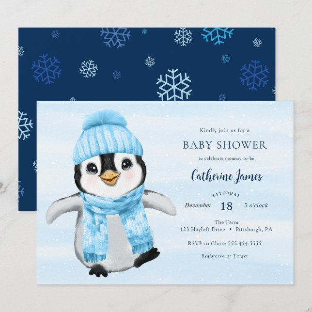 Blue Winter Pinguin Baby Dusche Einladung (Vorne/Hinten)