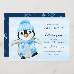 Blue Winter Pinguin Baby Dusche Einladung