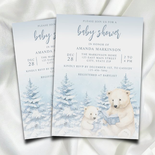 Blue Winter Polar Bear Watercolor Babydusche Einladung (Von Creator hochgeladen)