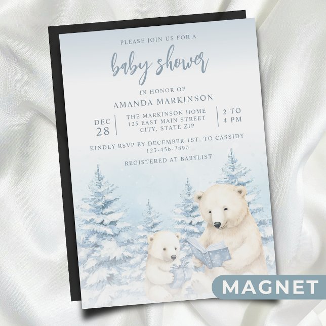 Blue Winter Polar Bear Watercolor Babydusche Magneteinladung (Von Creator hochgeladen)