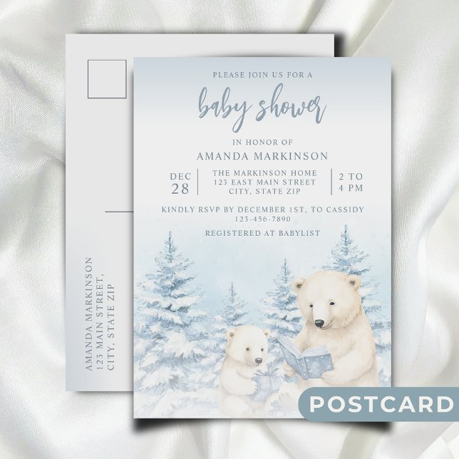Blue Winter Polar Bear Watercolor Babydusche Postkarte (Von Creator hochgeladen)
