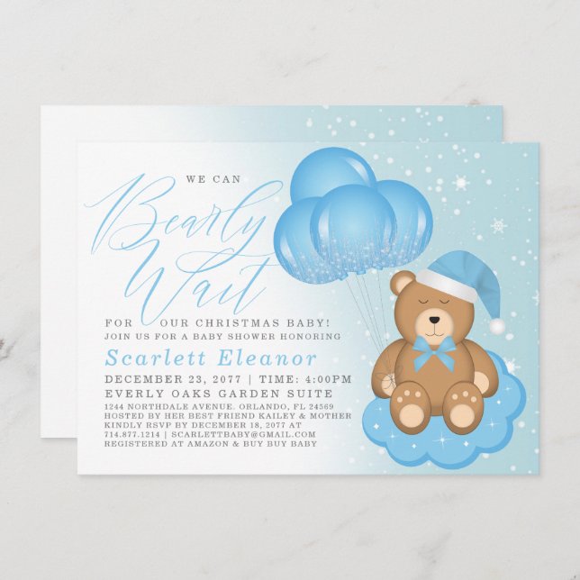 Blue Winter Sleepy Bären Balloons Boy Baby Dusche Einladung (Vorne/Hinten)