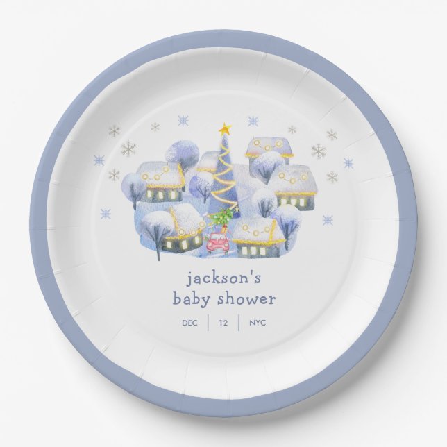 Blue Winter Snow It Take A Village Baby Shower  Pappteller (Vorderseite)
