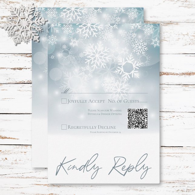 Blue Winter Snow Modern Wedding QR Code RSVP Karte (Blue Winter Snow Modern Wedding QR Code RSVP Card)