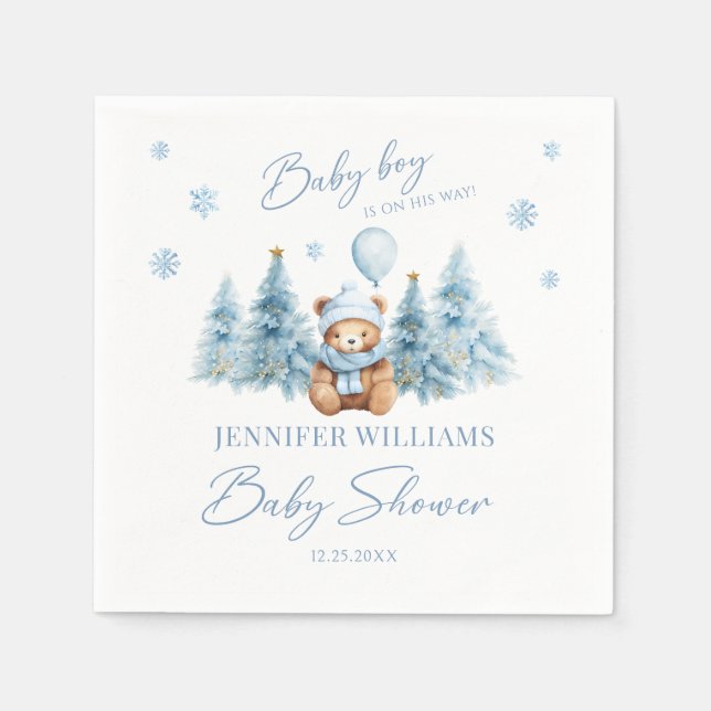 Blue Winter Snow Teddy Bear Baby Boy Duschpapier Serviette (Vorderseite)