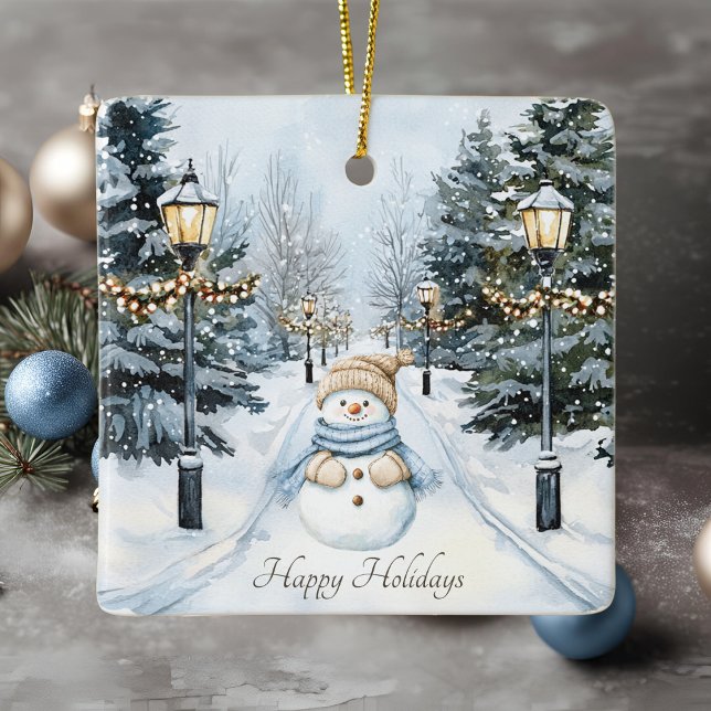 Blue Winter Snow Watercolor Snowman Happy Holidays Keramikornament (Von Creator hochgeladen)