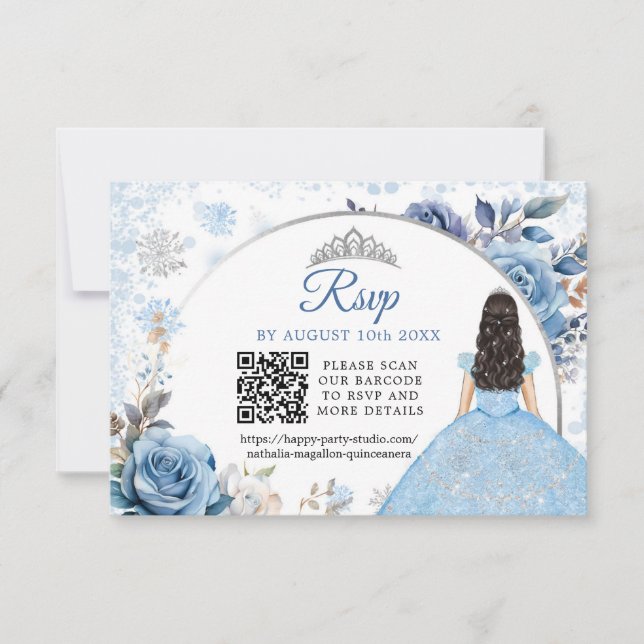 Blue Winter Snowflake Mis Quince QR Code UAWG RSVP Karte (Vorderseite)