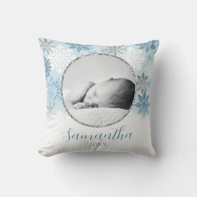 Blue Winter Snowflake Personalisiertes Baby Foto Kissen (Vorderseite)